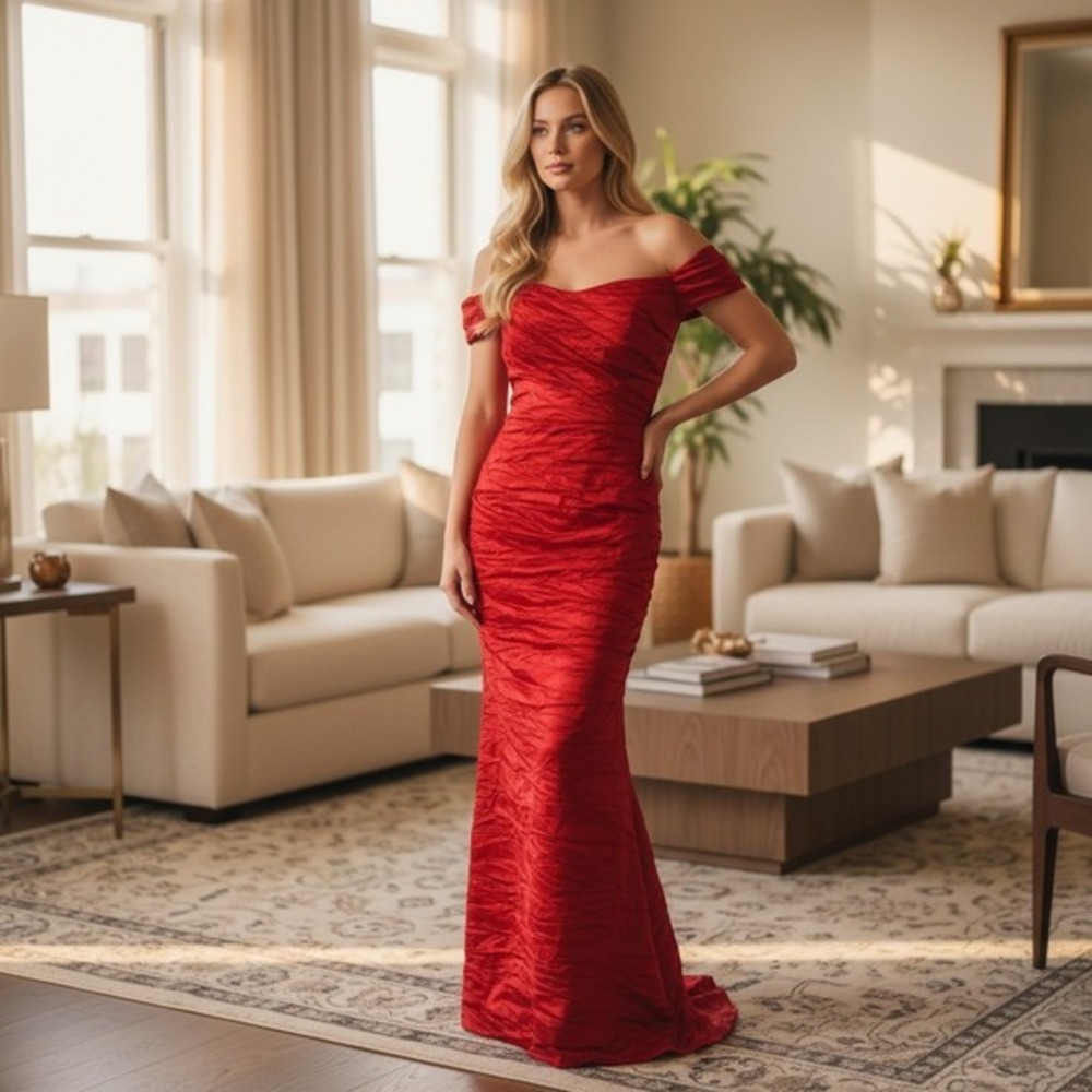 Prom Vintage Glam Barbicore Pretty Woman Red Crinkle Ruched Formal Dress‎ SZ 8